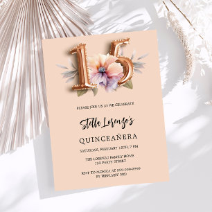 Invitación Rosa oro melocotón floral lujo Quinceañera