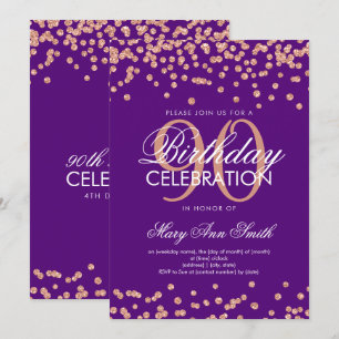 Invitación Rosa Oro Morado 90 Purpurina de cumpleaños Confett