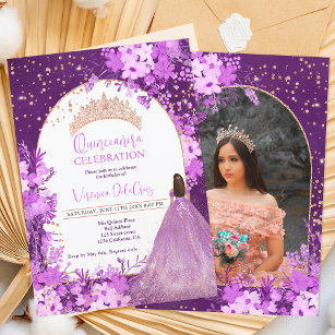 Invitación Rosa oro morado floral tiara princesa Quinceanera