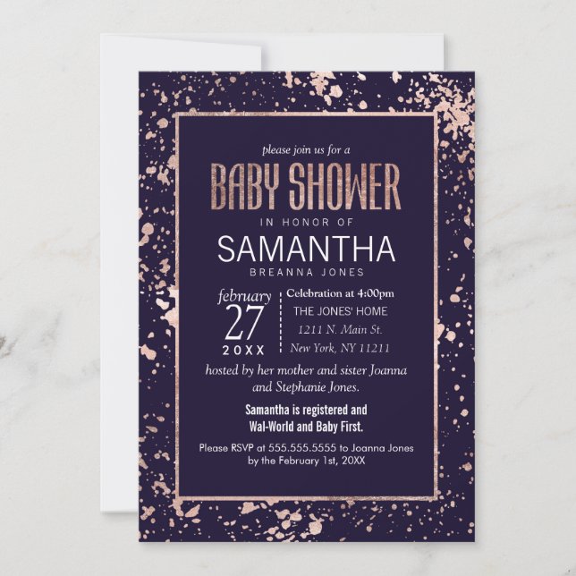 Invitación Rosa Oro Navy Blue Paint Splatters Baby Shower (Anverso)