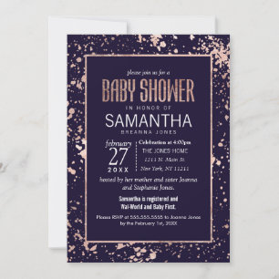 Invitación Rosa Oro Navy Blue Paint Splatters Baby Shower