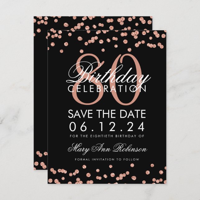 Invitación Rosa Oro Negro 80 cumpleaños Save Date Confetti (Anverso / Reverso)