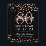 Invitación Rosa Oro Negro 80 cumpleaños Save Date Confetti<br><div class="desc">Elegante diseño "80th Birthday Party" con el Rosa Purpurina de Faux Gold Confetti Black y el nombre personalizado y el texto de los detalles. Fácil de usar y fácil de personalizar. ¡No te quedes sin el tuyo!</div>