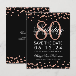 Invitación Rosa Oro Negro 80 cumpleaños Save Date Confetti