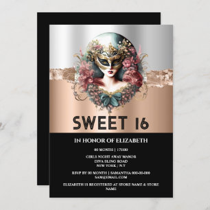 Invitación Rosa oro negro dulce 16 chicas mascarada