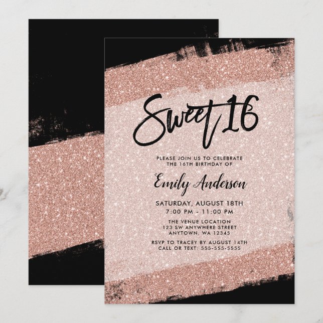 Invitación Rosa Oro Negro Faux Purpurina Brush Sweet 16 (Anverso / Reverso)