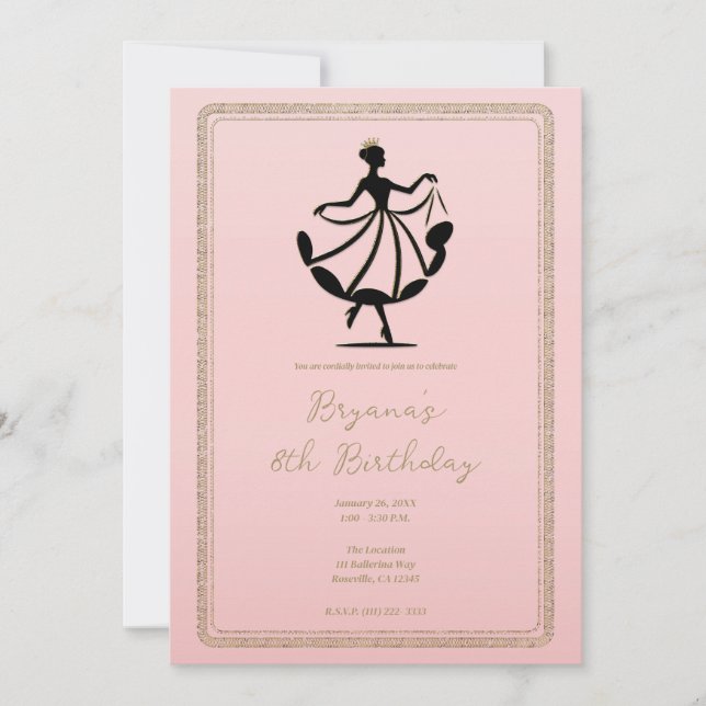 Invitación Rosa Oro Negro Princesa Bailando Valsando (Anverso)