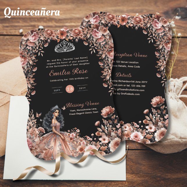 Invitación Rosa Oro Negro Quinceanera Vestidos Rosas Florales (Subido por el creador)