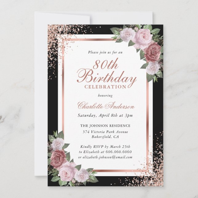 Invitación Rosa Oro Negro Rubor Roses rosados 80 cumpleaños (Anverso)