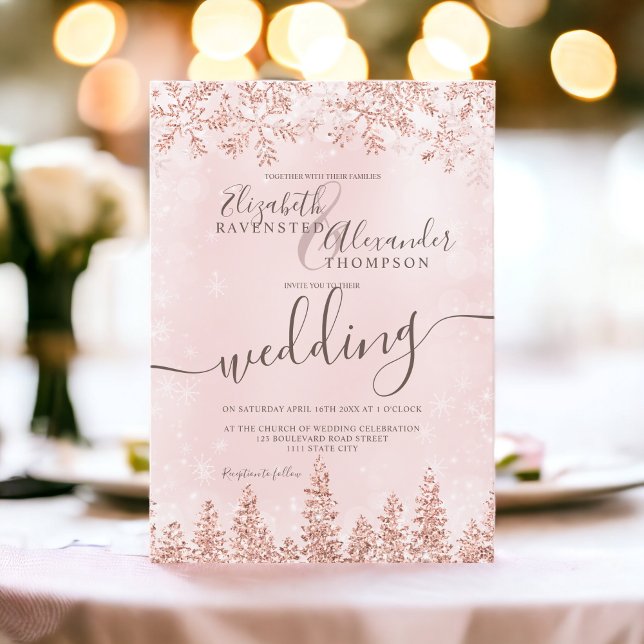 Invitación Rosa oro nevado Navidades de pino de invierno (Rose gold snow pine Christmas winter wedding Invitation)