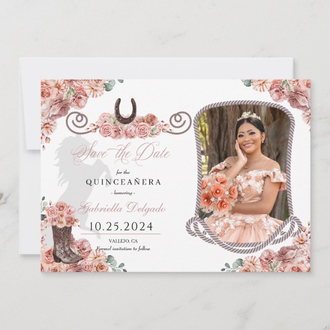 Invitación Rosa Oro Occidental Quinceañera Salva La Foto De L (Anverso)