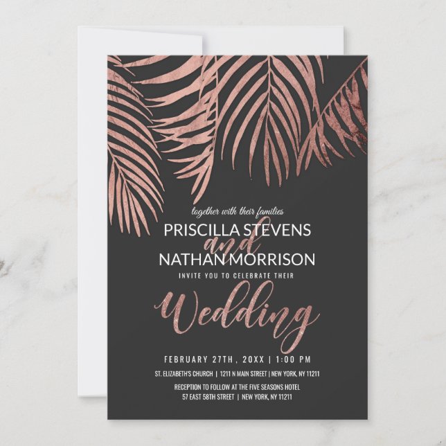 Invitación Rosa Oro Palm Tree Fronds Black Modern Boda (Anverso)