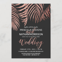 Invitación Rosa Oro Palm Tree Fronds Black Modern Boda