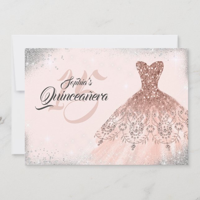 Invitación Rosa Oro Plata Esparkle Lace Gown Quinceanera (Anverso)