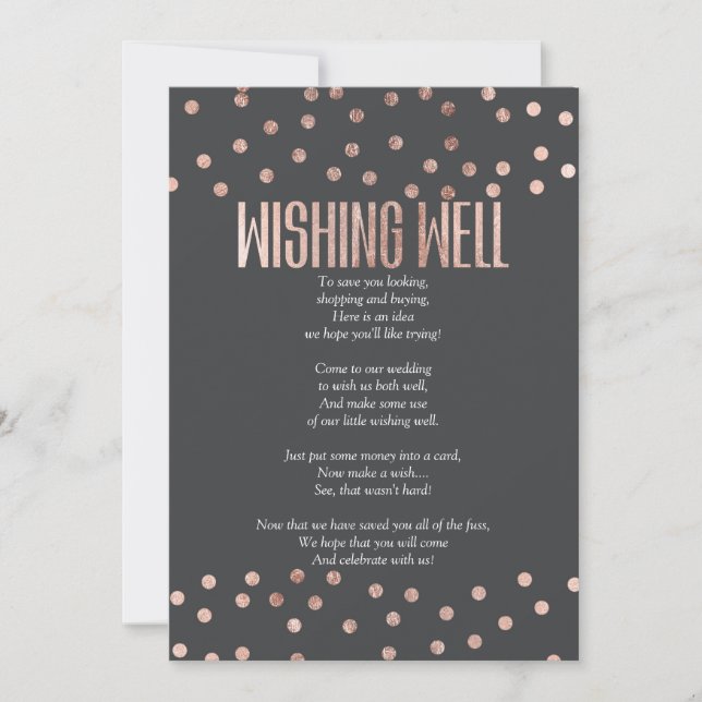 Invitación Rosa Oro Polka Dots Carbón Negro Deseos Bien (Anverso)