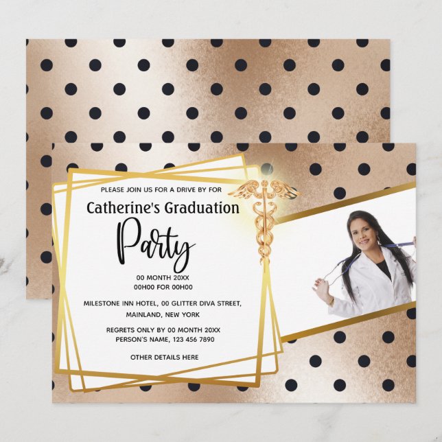 Invitación Rosa oro polka punto DIY foto caduceus graduación (Anverso / Reverso)