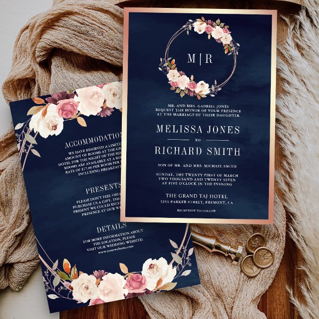 Invitación Rosa Oro Polvoriento Boda Azul de la Marina Floral (Subido por el creador)