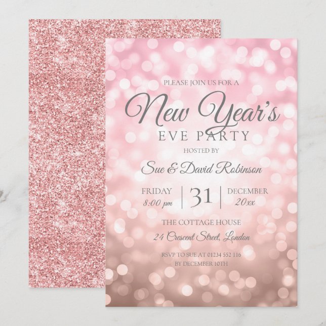 Invitación Rosa Oro Purpurina Años Nuevos Fiestas Luz (Anverso / Reverso)