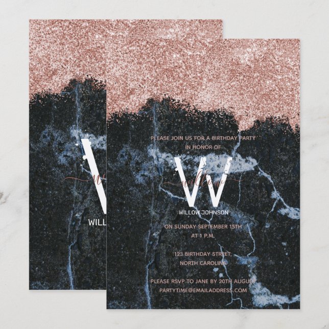 Invitación Rosa Oro Purpurina de Mármol Negro Cualquier año C (Anverso / Reverso)