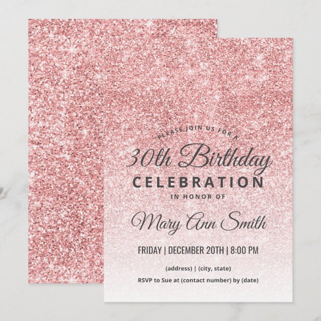 Invitación Rosa Oro Purpurina de Rubor Sparkle 30 cumpleaños (Anverso / Reverso)