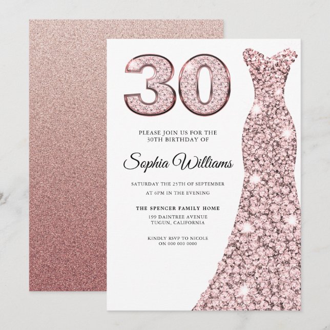 Invitación Rosa Oro Purpurina de Rubor Vestido Fiesta 30 cump (Anverso / Reverso)