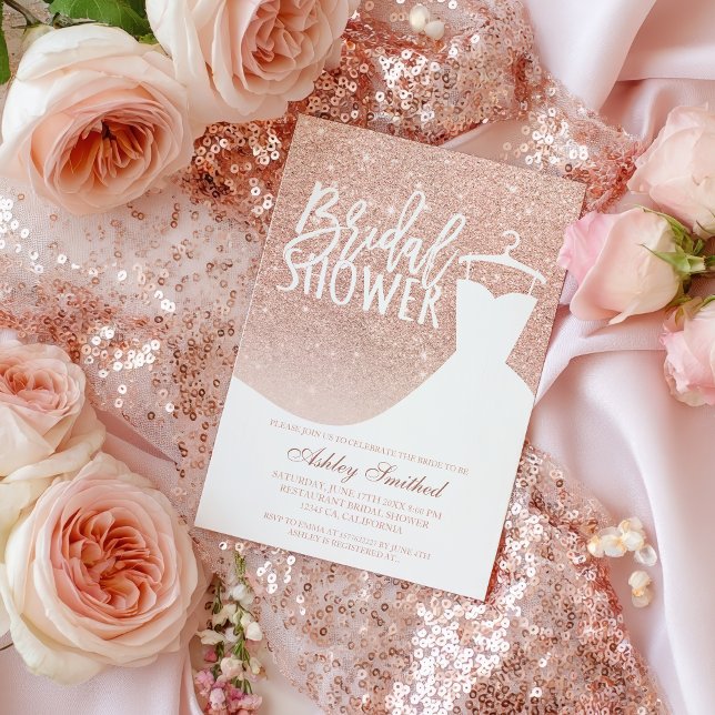 Invitación Rosa oro purpurina elegante vestido de moda Bridal (Rose gold glitter elegant chic dress Bridal shower Invitation)