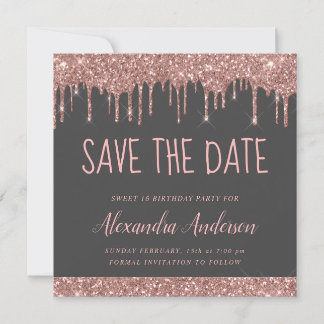 Invitación Rosa Oro Purpurina Gris Rosa Dulce 16 Guardar la f (Anverso)