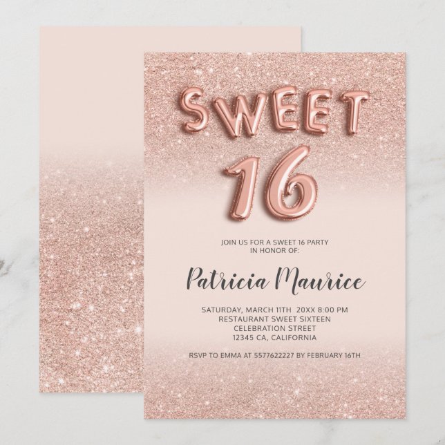 Invitación Rosa oro purpurina letras sombrías moda rosa dulce (Anverso / Reverso)