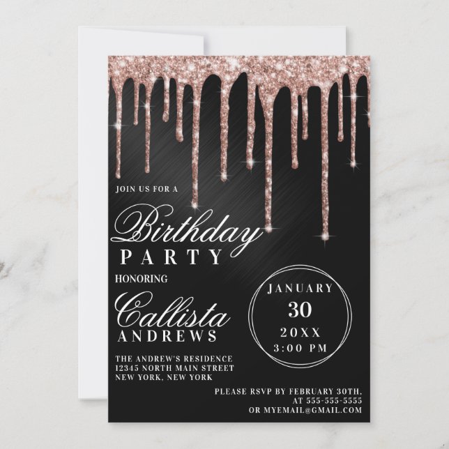Invitación Rosa Oro Purpurina Metálico Negro Drithday (Anverso)