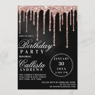 Invitación Rosa Oro Purpurina Metálico Negro Drithday