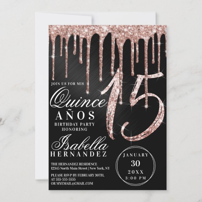 Invitación Rosa Oro Purpurina Metálico Negro Perfora Quinceañ (Anverso)
