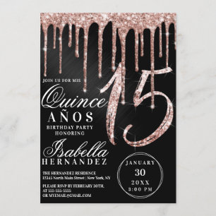 Invitación Rosa Oro Purpurina Metálico Negro Perfora Quinceañ