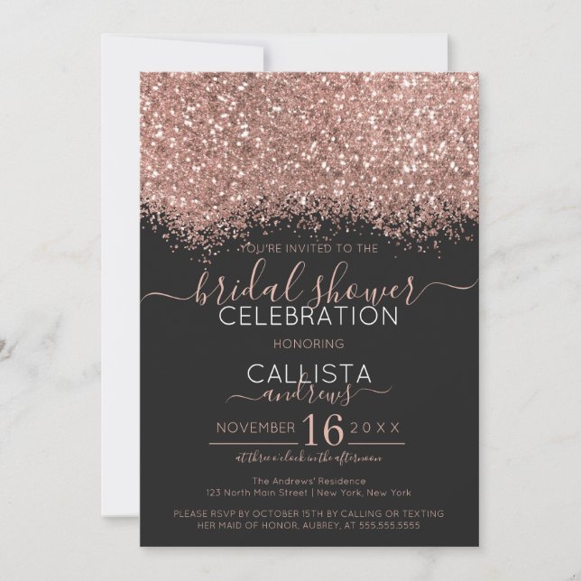 Invitación Rosa Oro Purpurina Negro Confetti Bridal Shower (Anverso)