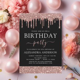 Invitación Rosa Oro Purpurina Negro Cualquier Cumpleaños de E