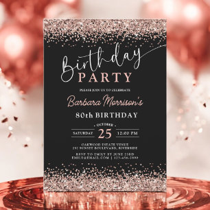 Invitación Rosa Oro Purpurina Negro Cualquier Cumpleaños de E