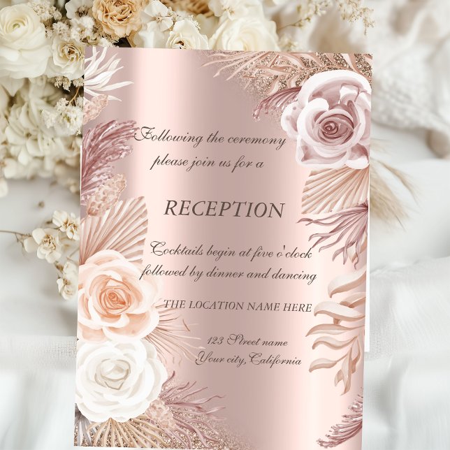 Invitación Rosa Oro Purpurina Ombre Boho Flores Recepción (Subido por el creador)