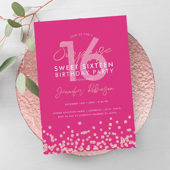 Invitación Rosa Oro Purpurina Rosa Caliente Sorpresa Dulce 16 (Rose Gold Hot Pink Glitter Surprise Sweet 16 Invitation)