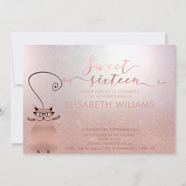 Invitación Rosa oro purpurinoso de la caligrafía oscura gato  (Anverso)