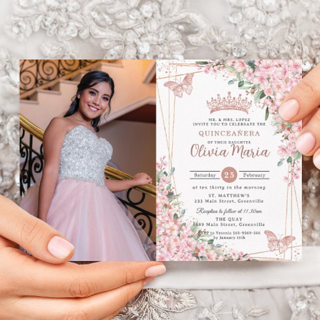 Invitación Rosa Oro Quinceañera de flores de cerezo rosa (Subido por el creador)