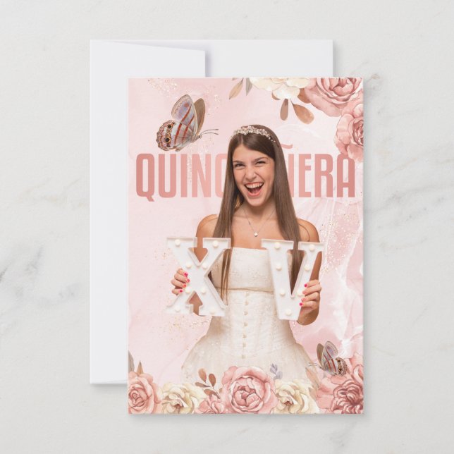 Invitación Rosa Oro Quinceanera Floral Princesa Mariposa (Anverso)