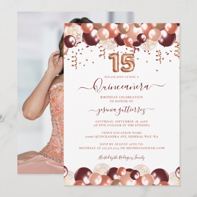Invitación Rosa Oro Quinceañera Purpurina Balón Foto (Anverso / Reverso)