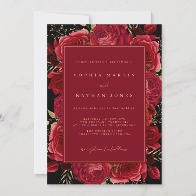 Invitación Rosa Oro Rojo Elegante Boda Floral (Anverso)