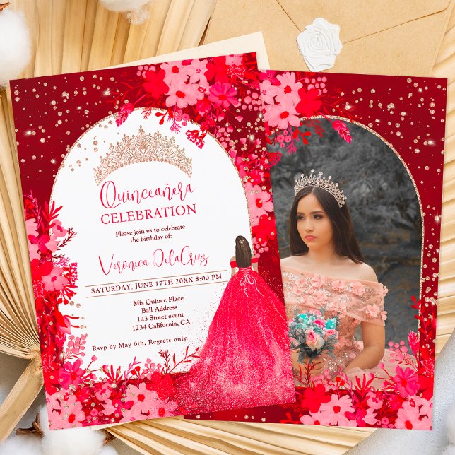 Invitación Rosa oro rojo floral tiara princesa Quinceanera (Subido por el creador)