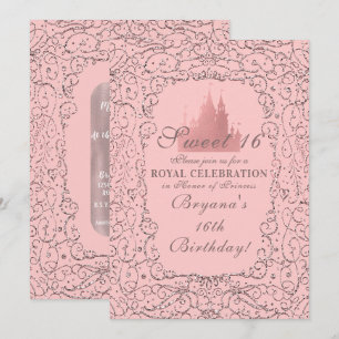 Invitación Rosa Oro Rosa Castillo Real Princesa Dulce 16