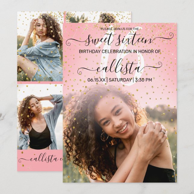 Invitación Rosa Oro Rosa Confetti Collage de fotos Dulce 16 (Anverso / Reverso)