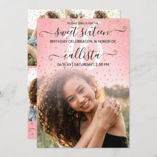 Invitación Rosa Oro Rosa Confetti Collage de fotos Dulce 16