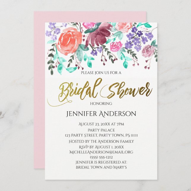 Invitación Rosa Oro Rosa Floral Leaf Bridal Shower (Anverso / Reverso)