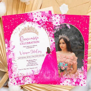 Invitación Rosa oro rosa floral tiara princesa Quinceanera