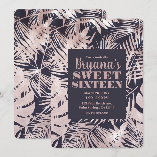 Invitación Rosa Oro Rosa Oscuro Palm Tropical Dulce 16 (Anverso / Reverso)