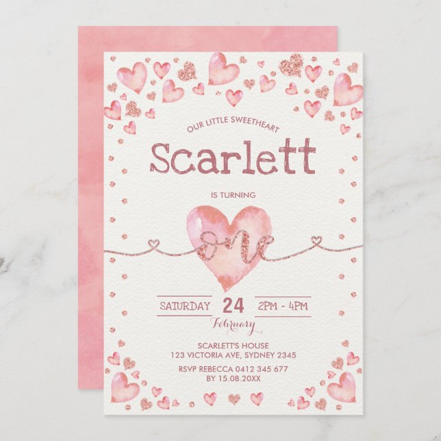 Invitación Rosa Oro Rosa Valentines Cariño primer cumpleaños (Anverso / Reverso)